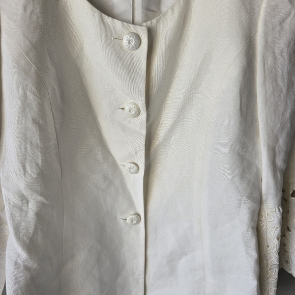 $240 Nipon Boutique Linen Blend Blazer Jacket Women 6 Lace Flare Sleeve Eyelet - Picture 3 of 14